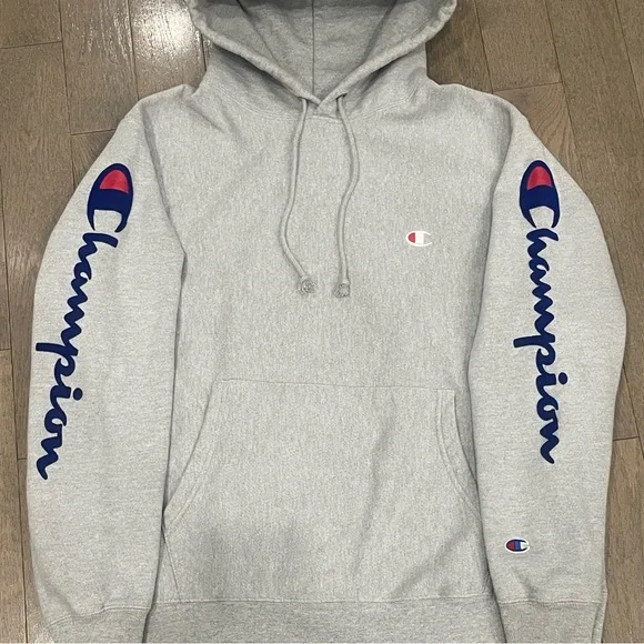 Champion Light Gray Hoodie 😍 Reverse Weave Flock Arm Script  Sweatshirt • Large - Picture 3 of 15